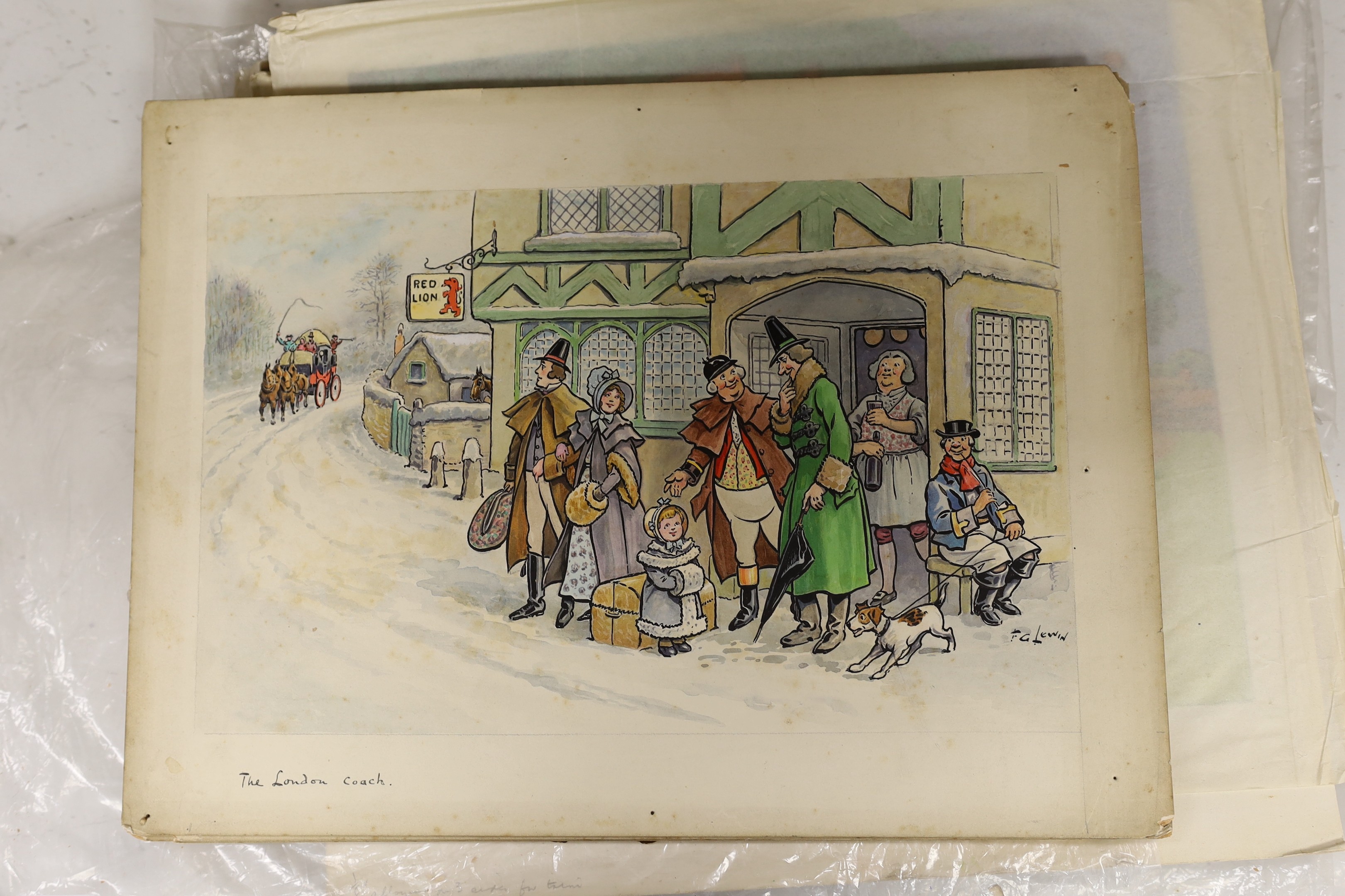 Frederick George Lewin (1861-1933), six ink and watercolour original illustrations, Old Time Christmas Coaching scenes, signed, 20 x 32cm, unframed